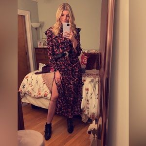 Long sleeve black and pink floral midi dress